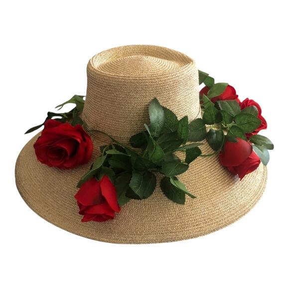 Fine Millinery Collection By August Accessories Wide Brim Red Roses Floral Hat - Picture 4 of 11